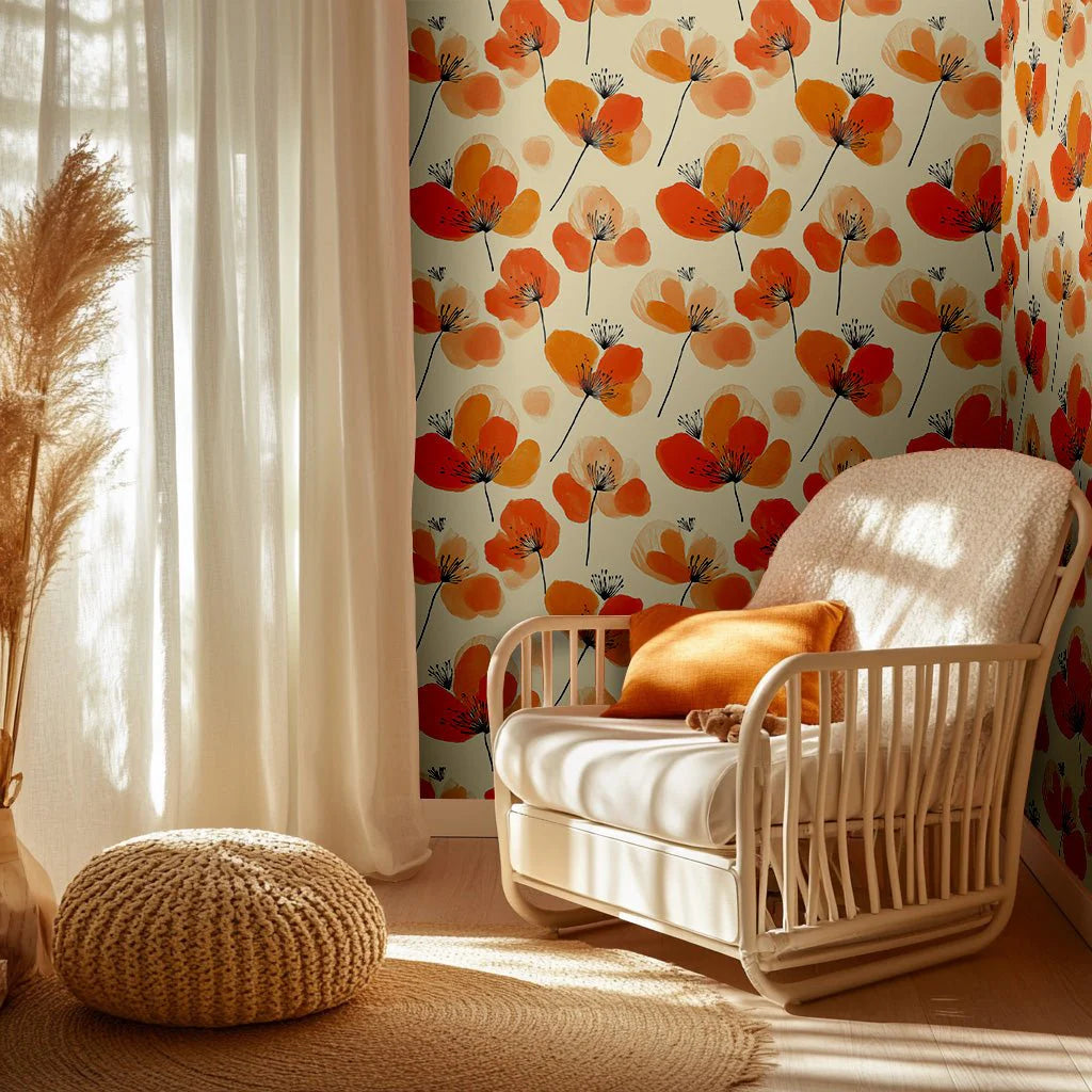 Painted Paper Sunset Poppies Wallpaper Peel and Stick